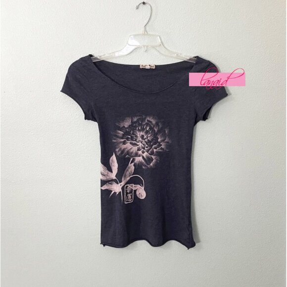 Lucky Brand Asian Chinese Oriental Boat Neck Boatneck Navy Floral Distressed Tee - Picture 1 of 7